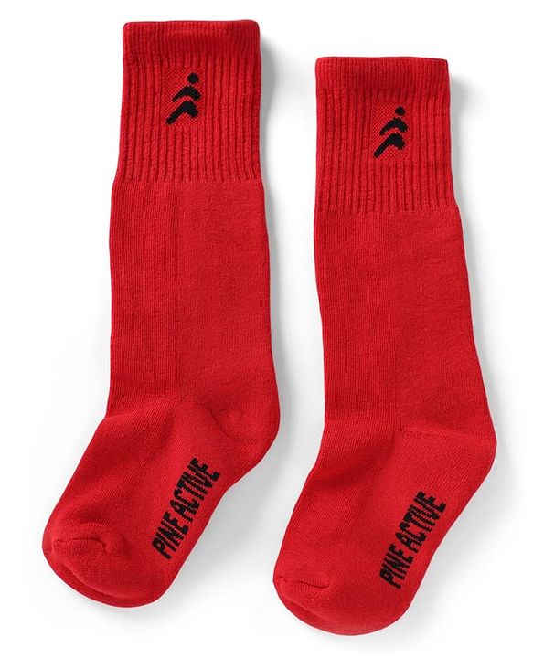 Pine Active Cotton Lycra Knit Terry Breathable Knee Length Football Socks With Text Design Pack of 3 - White, Black & Red