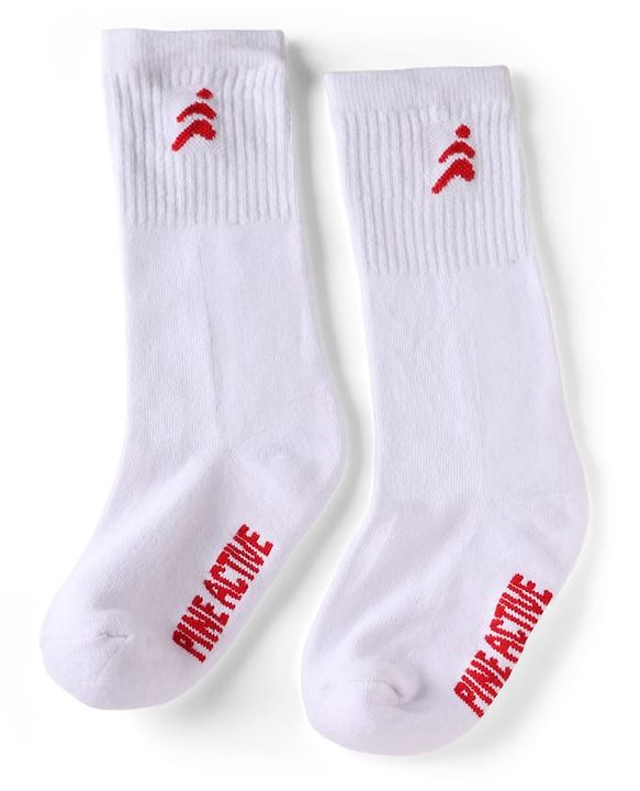 Pine Active Cotton Lycra Knit Terry Breathable Knee Length Football Socks With Text Design Pack of 3 - White, Black & Red