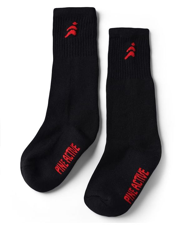 Pine Active Cotton Lycra Knit Terry Breathable Knee Length Football Socks With Text Design Pack of 3 - White, Black & Red