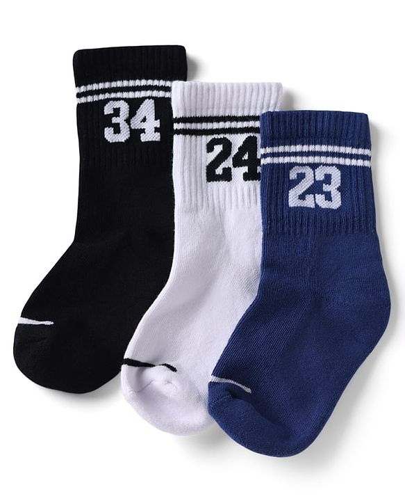 Pine Active Cotton Lycra Knit Terry Breathable Crew Calf Length Athletic Socks With Numeric Text Design Pack of 3 - White, Black & Navy Blue