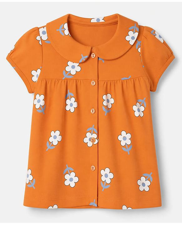 Babyhug 100% Cotton Knit Half Sleeves Top & Pyjama Night Suit Co-ords With Floral Print - Orange