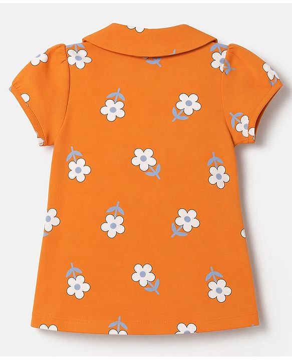 Babyhug 100% Cotton Knit Half Sleeves Top & Pyjama Night Suit Co-ords With Floral Print - Orange