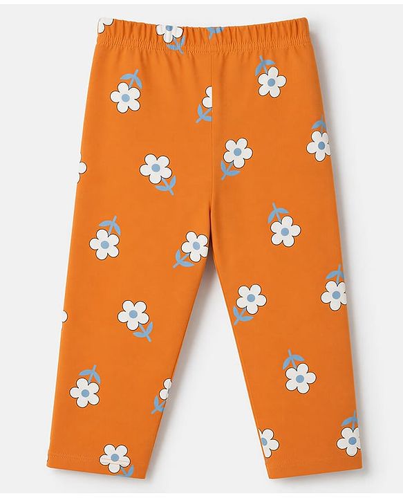 Babyhug 100% Cotton Knit Half Sleeves Top & Pyjama Night Suit Co-ords With Floral Print - Orange