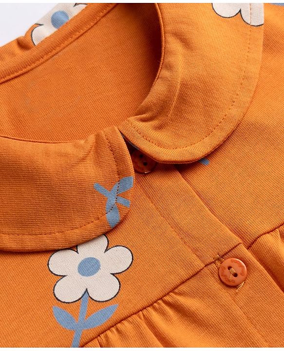 Babyhug 100% Cotton Knit Half Sleeves Top & Pyjama Night Suit Co-ords With Floral Print - Orange