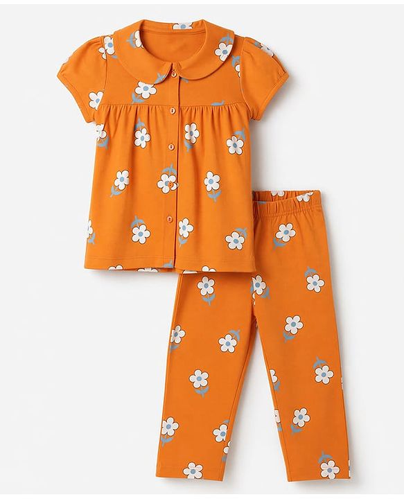Babyhug 100% Cotton Knit Half Sleeves Top & Pyjama Night Suit Co-ords With Floral Print - Orange