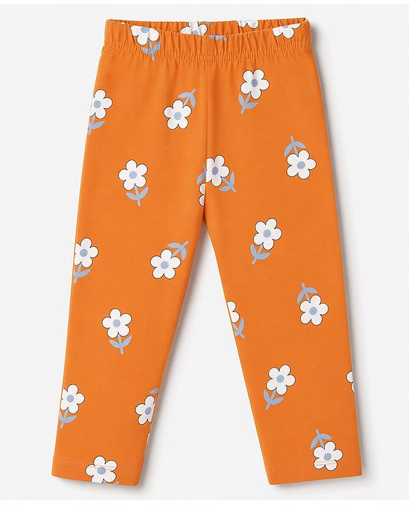 Babyhug 100% Cotton Knit Half Sleeves Top & Pyjama Night Suit Co-ords With Floral Print - Orange
