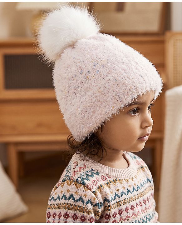 Babyhug Viscose Woollen Cap with Pom Pom Pink - Diameter 16.5 cm
