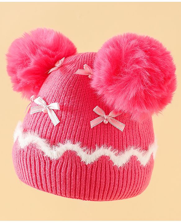 Babyhug Viscose Woollen Cap with Pom Pom and Bow Pearl Applique Fuchsia - Diameter 18.5 cm