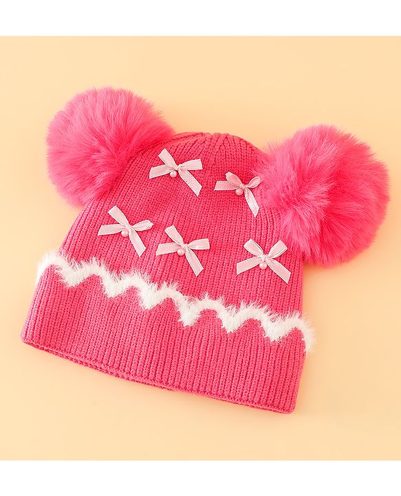 Babyhug Viscose Woollen Cap with Pom Pom and Bow Pearl Applique Fuchsia - Diameter 18.5 cm