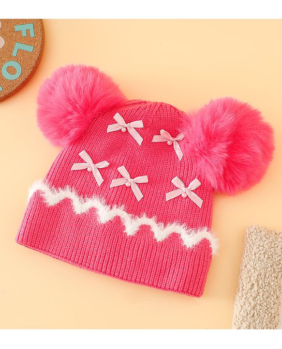 Babyhug Viscose Woollen Cap with Pom Pom and Bow Pearl Applique Fuchsia - Diameter 18.5 cm