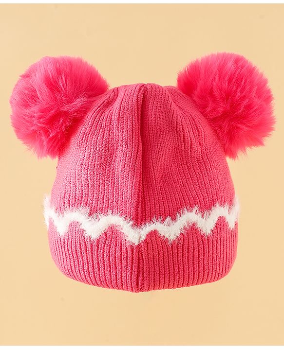 Babyhug Viscose Woollen Cap with Pom Pom and Bow Pearl Applique Fuchsia - Diameter 18.5 cm