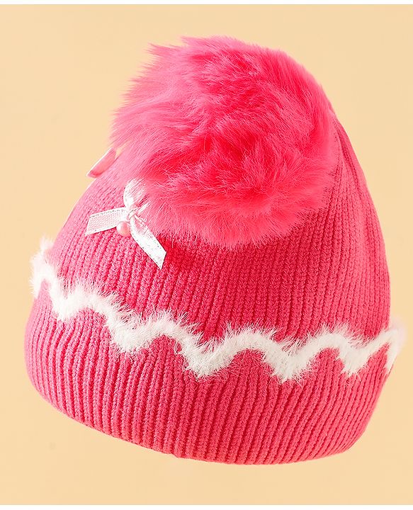 Babyhug Viscose Woollen Cap with Pom Pom and Bow Pearl Applique Fuchsia - Diameter 18.5 cm
