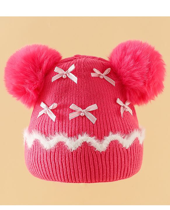 Babyhug Viscose Woollen Cap with Pom Pom and Bow Pearl Applique Fuchsia - Diameter 18.5 cm