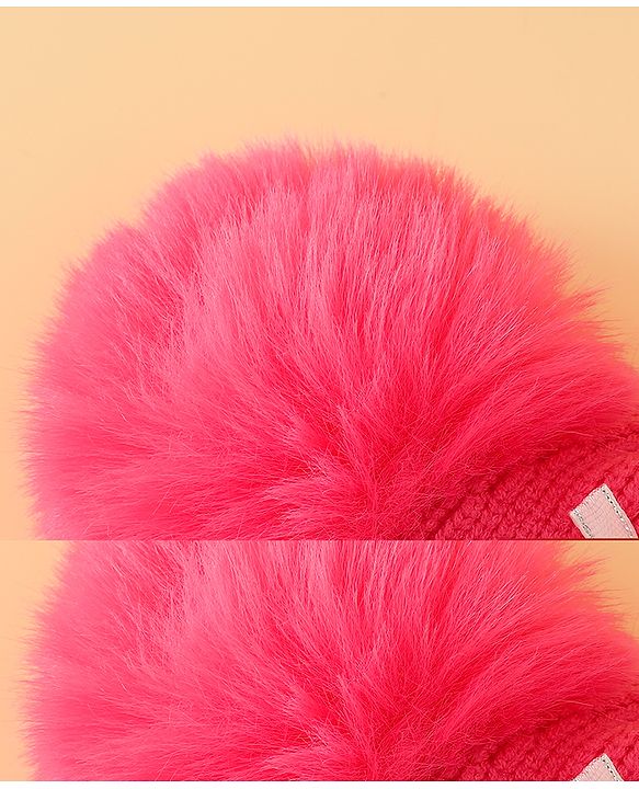 Babyhug Viscose Woollen Cap with Pom Pom and Bow Pearl Applique Fuchsia - Diameter 18.5 cm