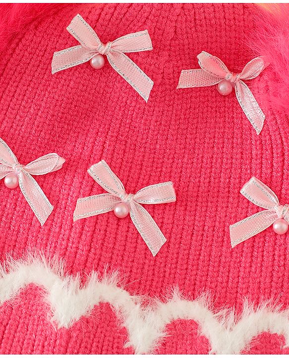 Babyhug Viscose Woollen Cap with Pom Pom and Bow Pearl Applique Fuchsia - Diameter 18.5 cm