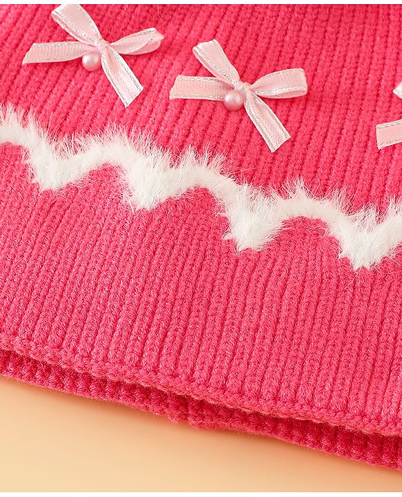 Babyhug Viscose Woollen Cap with Pom Pom and Bow Pearl Applique Fuchsia - Diameter 18.5 cm