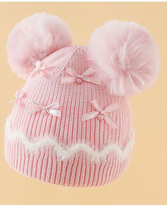 Babyhug Viscose Woollen Cap with Pom Pom and Bow Pearl Applique Fuchsia - Diameter 18.5 cm