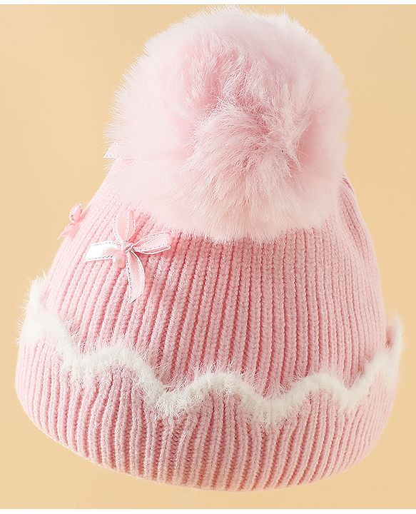 Babyhug Viscose Woollen Cap with Pom Pom and Bow Pearl Applique Fuchsia - Diameter 18.5 cm
