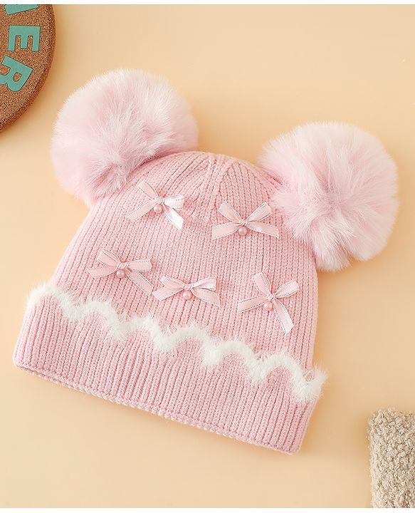 Babyhug Viscose Woollen Cap with Pom Pom and Bow Pearl Applique Fuchsia - Diameter 18.5 cm