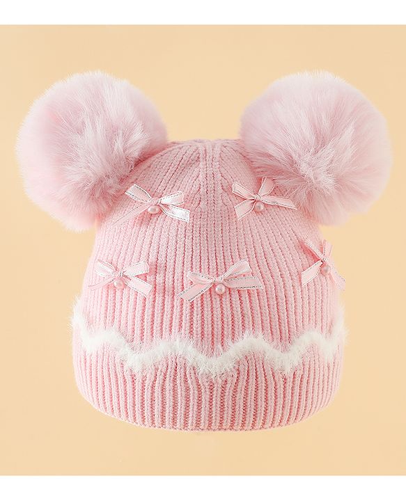 Babyhug Viscose Woollen Cap with Pom Pom and Bow Pearl Applique Fuchsia - Diameter 18.5 cm
