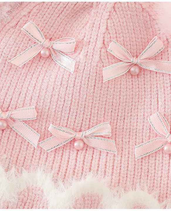 Babyhug Viscose Woollen Cap with Pom Pom and Bow Pearl Applique Fuchsia - Diameter 18.5 cm