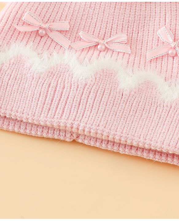 Babyhug Viscose Woollen Cap with Pom Pom and Bow Pearl Applique Fuchsia - Diameter 18.5 cm