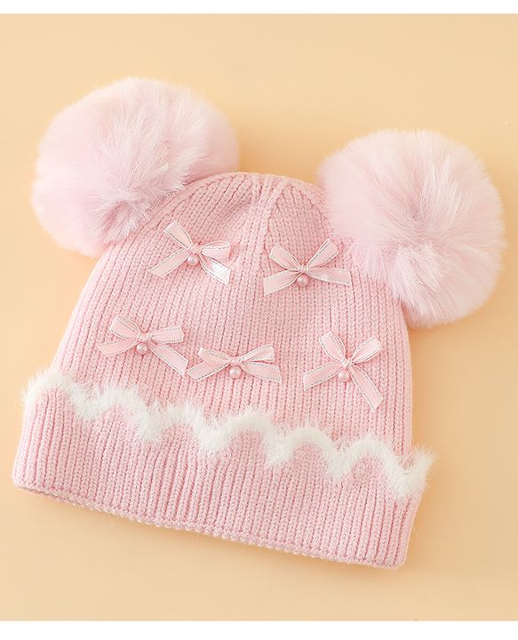 Babyhug Viscose Woollen Cap with Pom Pom and Bow Pearl Applique Fuchsia - Diameter 18.5 cm