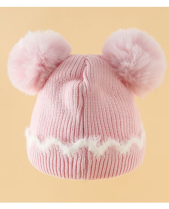 Babyhug Viscose Woollen Cap with Pom Pom and Bow Pearl Applique Fuchsia - Diameter 18.5 cm