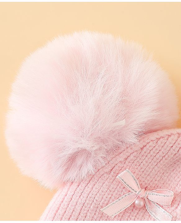 Babyhug Viscose Woollen Cap with Pom Pom and Bow Pearl Applique Fuchsia - Diameter 18.5 cm