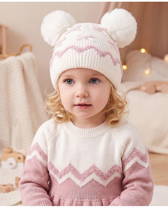 Babyhug Viscose Woollen Cap with Pom Pom and Bow Pearl Applique Fuchsia - Diameter 18.5 cm