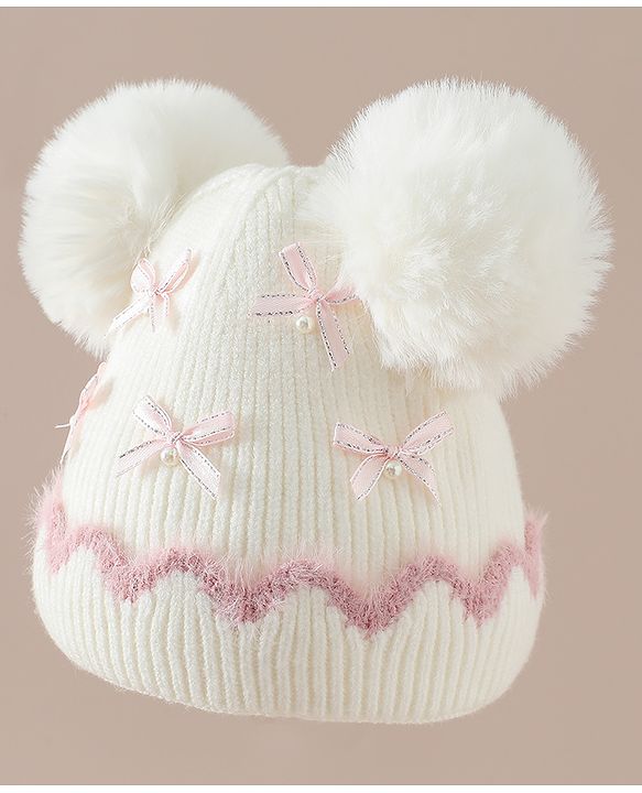 Babyhug Viscose Woollen Cap with Pom Pom and Bow Pearl Applique Fuchsia - Diameter 18.5 cm
