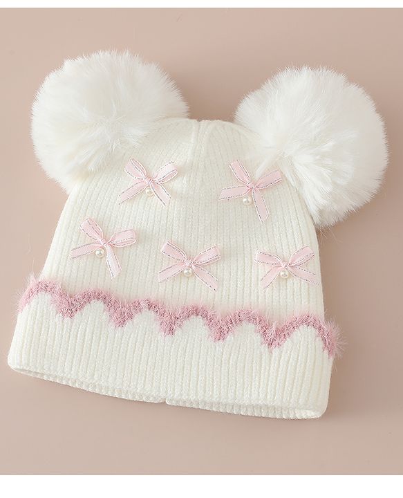 Babyhug Viscose Woollen Cap with Pom Pom and Bow Pearl Applique Fuchsia - Diameter 18.5 cm