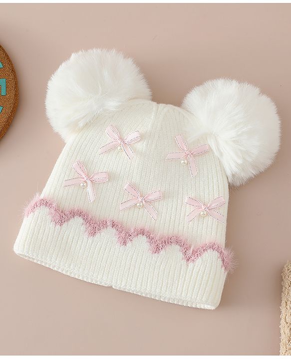 Babyhug Viscose Woollen Cap with Pom Pom and Bow Pearl Applique Fuchsia - Diameter 18.5 cm