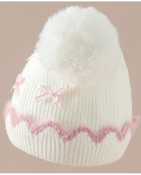 Babyhug Viscose Woollen Cap with Pom Pom and Bow Pearl Applique Fuchsia - Diameter 18.5 cm