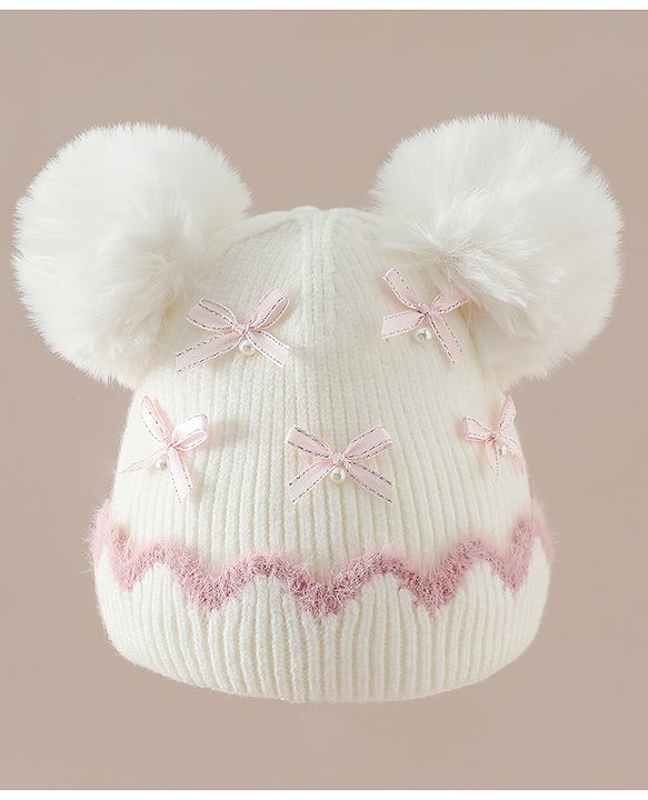 Babyhug Viscose Woollen Cap with Pom Pom and Bow Pearl Applique Fuchsia - Diameter 18.5 cm