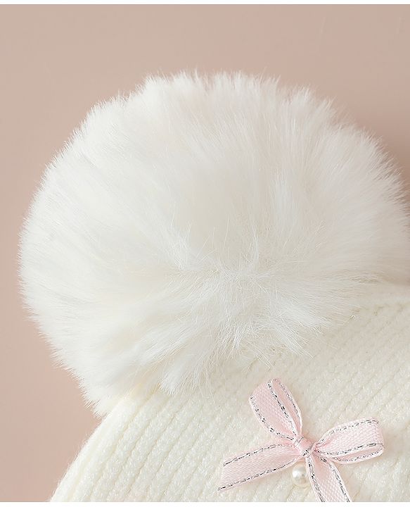 Babyhug Viscose Woollen Cap with Pom Pom and Bow Pearl Applique Fuchsia - Diameter 18.5 cm