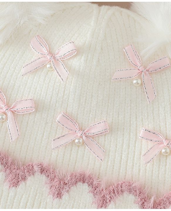 Babyhug Viscose Woollen Cap with Pom Pom and Bow Pearl Applique Fuchsia - Diameter 18.5 cm