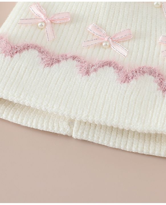 Babyhug Viscose Woollen Cap with Pom Pom and Bow Pearl Applique Fuchsia - Diameter 18.5 cm