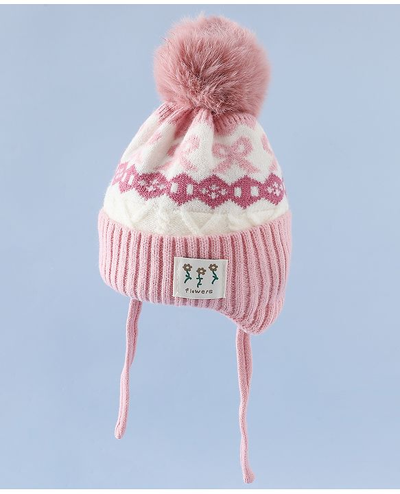 Babyhug Woollen Cap with Pom Pom & Ear with Bow Design Pink - Diameter 18.5 cm