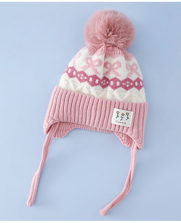 Babyhug Woollen Cap with Pom Pom & Ear with Bow Design Pink - Diameter 18.5 cm