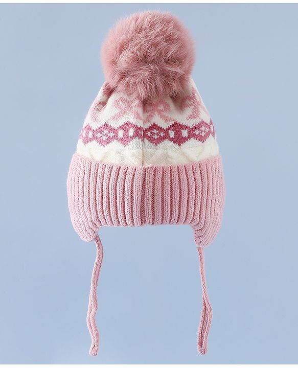 Babyhug Woollen Cap with Pom Pom & Ear with Bow Design Pink - Diameter 18.5 cm
