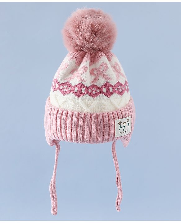 Babyhug Woollen Cap with Pom Pom & Ear with Bow Design Pink - Diameter 18.5 cm