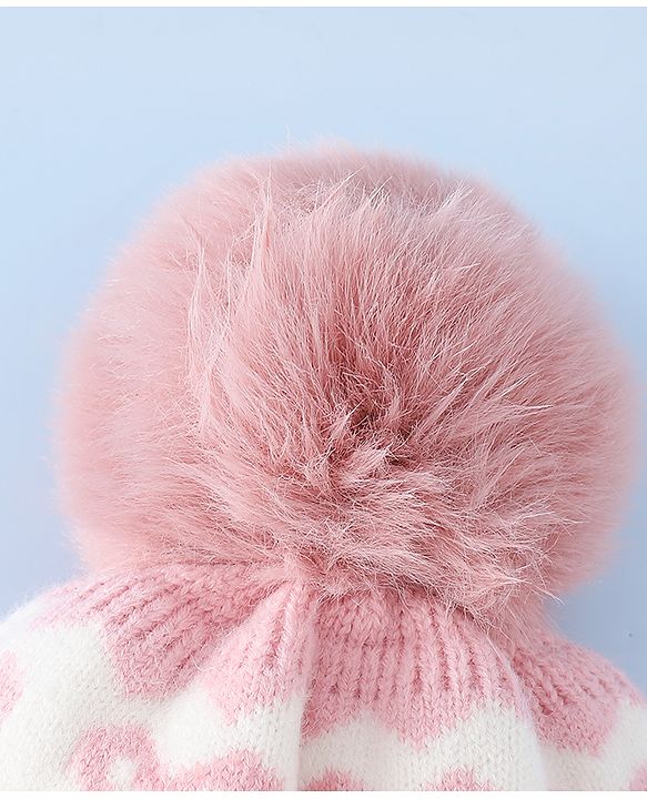 Babyhug Woollen Cap with Pom Pom & Ear with Bow Design Pink - Diameter 18.5 cm