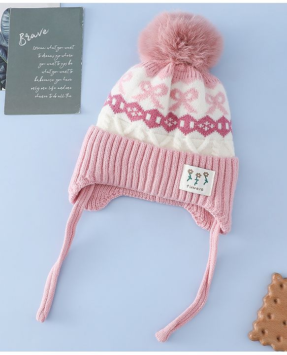 Babyhug Woollen Cap with Pom Pom & Ear with Bow Design Pink - Diameter 18.5 cm