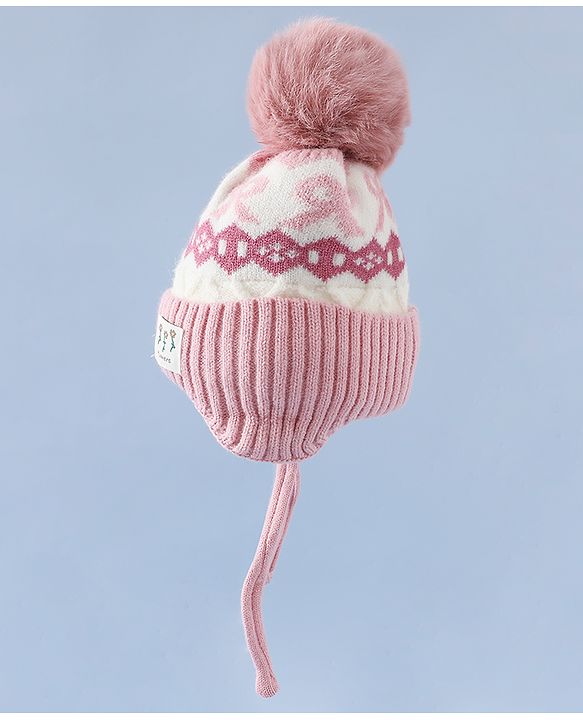 Babyhug Woollen Cap with Pom Pom & Ear with Bow Design Pink - Diameter 18.5 cm