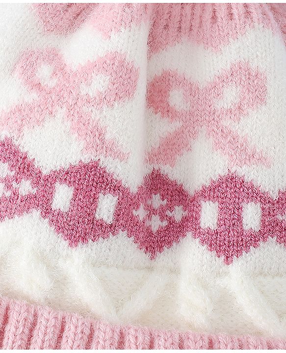 Babyhug Woollen Cap with Pom Pom & Ear with Bow Design Pink - Diameter 18.5 cm