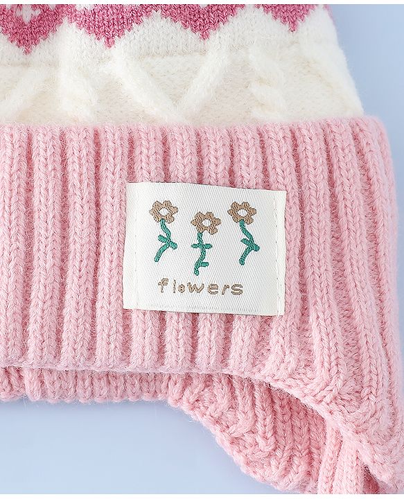 Babyhug Woollen Cap with Pom Pom & Ear with Bow Design Pink - Diameter 18.5 cm