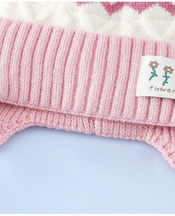 Babyhug Woollen Cap with Pom Pom & Ear with Bow Design Pink - Diameter 18.5 cm