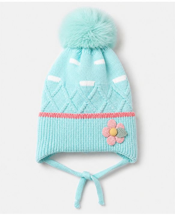 Babyhug Viscose Woollen Cap With Flower Applique in Blue - Diameter 15 cm