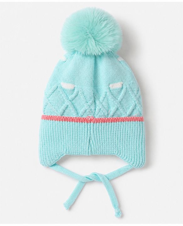 Babyhug Viscose Woollen Cap With Flower Applique in Blue - Diameter 15 cm